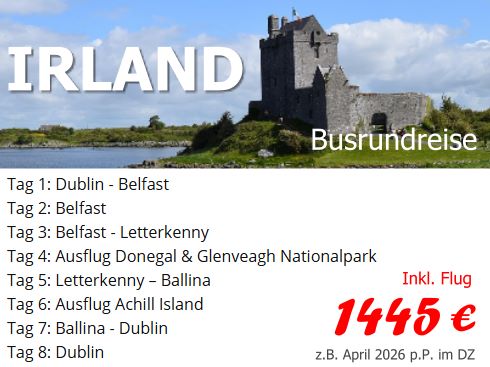 Busrundreise Irland ab 1445 Euro pro Person